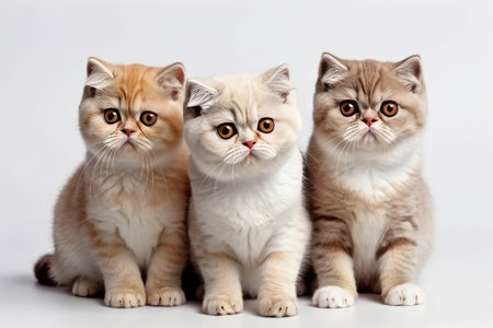 Three British Shorthair kittens sitting and looking at camera on white backgroundの素材