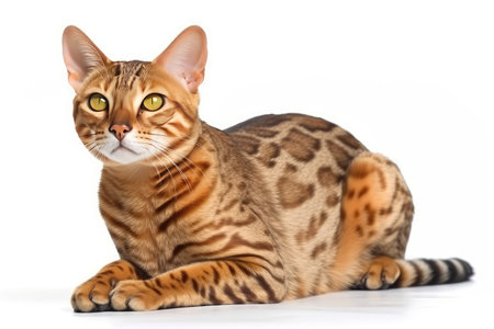 Bengal cat lying on white background. Looking at camera.の素材