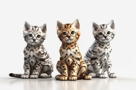 Three bengal kittens sitting on white background. Studio shot.の素材