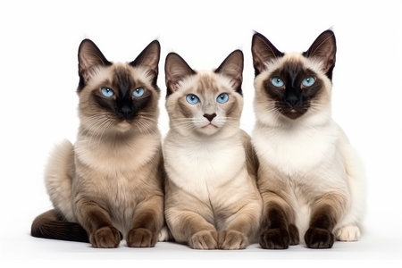 Three Siamese cats with blue eyes isolated on white background.の素材