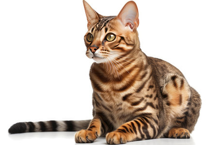 Bengal cat looking up on white background. Isolated.の素材