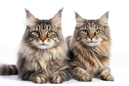 Two Maine Coon cats in front of a white background. Studio shot.の素材
