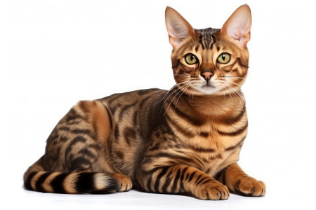 Bengal cat lying on white background. Looking at camera.の素材