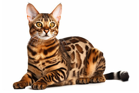 Bengal cat isolated on a white background. Side view.の素材