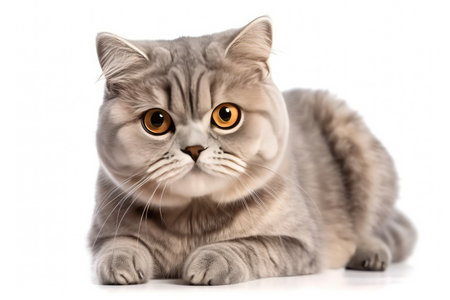 Cute scottish fold cat lying on a white background.の素材