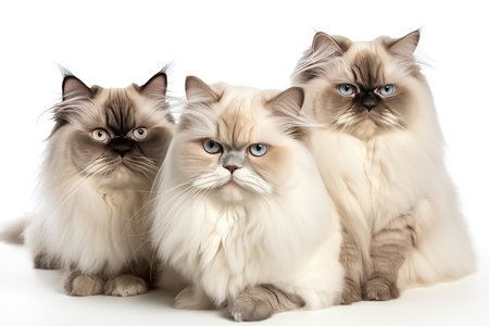 Three cats of siberian breed in front of a white backgroundの素材