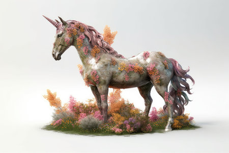 Unicorn on a background of flowers. 3D rendering.の素材