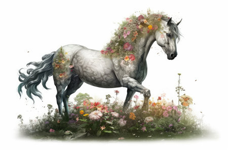 Beautiful white horse with flowers in the meadow. Digital paintingの素材