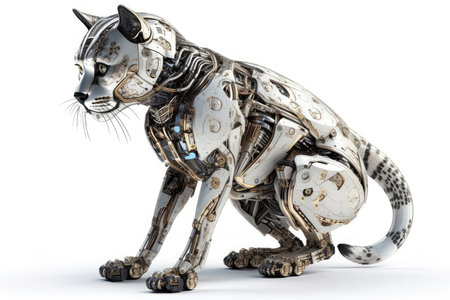 3D rendering of a female tiger robot isolated on white background.の素材