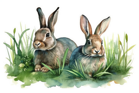 Rabbits in the grass. Watercolor illustration on white backgroundの素材