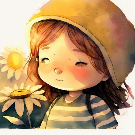 Beautiful little girl with sunflower in hat. Watercolor illustrationの素材