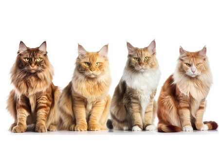 Group of four Maine Coon cats in front of a white backgroundの素材
