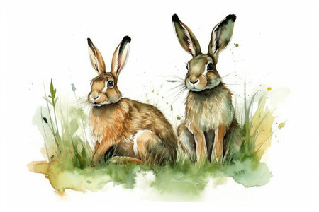 Rabbits on the meadow. Watercolor illustration on white backgroundの素材