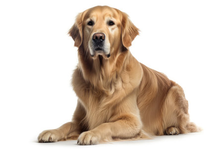 Golden Retriever sitting in front of white background, studio shotの素材
