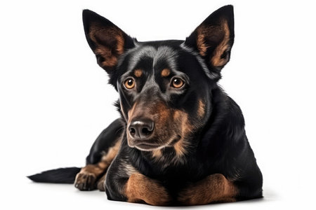 Long-haired German Shepherd lying in front of white background, studio shotの素材