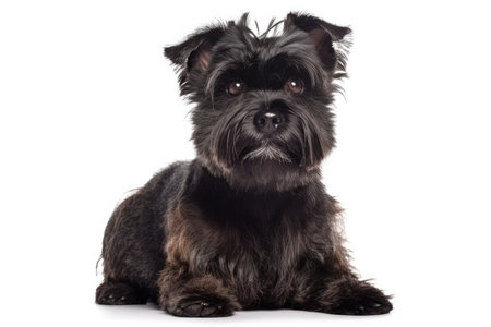 miniature yorkshire terrier in front of white background. studio shotの素材