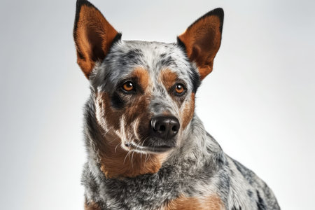 Portrait of a mixed breed dog. Studio shot on gray background.の素材