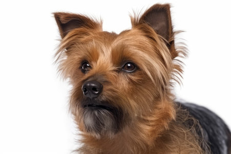 Close-up of a Yorkshire Terrier in front of a white backgroundの素材