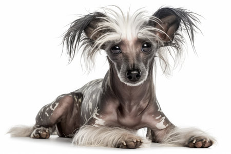 Chinese Crested Dog lying in front of white background, studio shotの素材