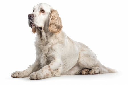 English Setter sitting in front of a white backgroungの素材