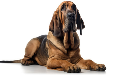 Portrait of a Rhodesian Ridgeback dog lying down on white backgroundの素材