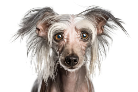 Chinese Crested Dog looking at the camera in front of a white backgroundの素材