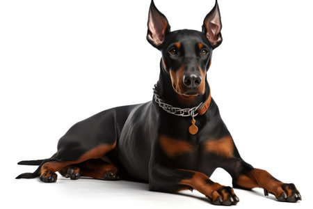 Doberman Pinscher in front of a white background.の素材