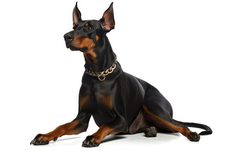 Doberman Pinscher sitting in front of a white backgroundの素材