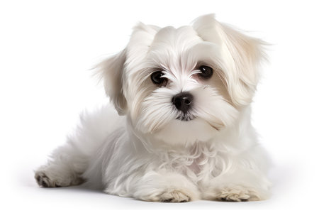 Maltese dog lying down, isolated on a white background.の素材