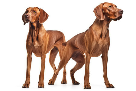 Two Rhodesian Ridgeback dogs standing in front of a white backgroundの素材
