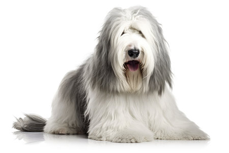 young bearded collie in front of white backgroungの素材