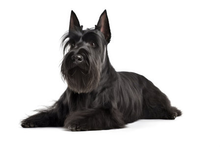 Black Scottish Terrier in front of a white backgroungの素材