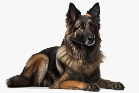 German Shepherd lying and looking at the camera, isolated on white backgroundの素材