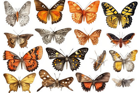 Butterflies collection isolated on white background. Vector illustration for your designの素材