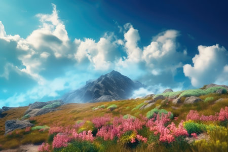 Fantasy landscape with blooming flowers on the meadow. 3d illustrationの素材