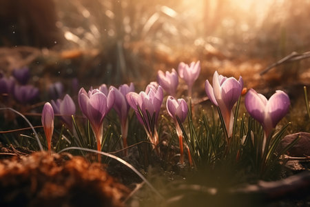 Spring crocus flowers in the forest. Early spring. Symbol of peace and joyの素材