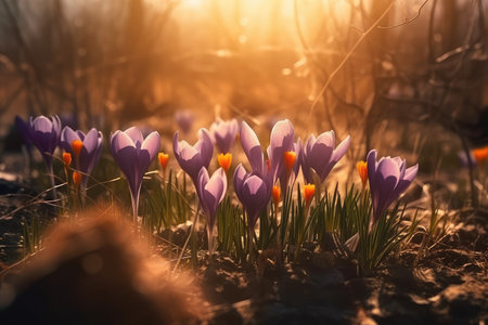 Beautiful crocus flowers in the forest at sunset. Early spring.の素材