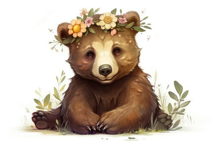 Cute brown bear with a wreath of flowers on his headの素材