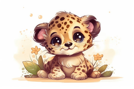 Cute cartoon baby cheetah with flowers. Vector illustration.の素材