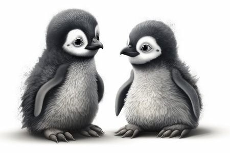 Two penguins isolated on white background. 3d render. Illustration.の素材