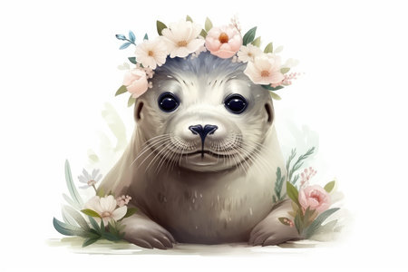 Cute seal with a wreath of flowers. Vector illustration.の素材