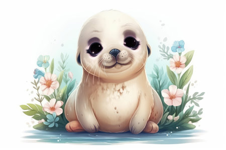 Cute seal with flowers. Watercolor illustration for your design.の素材