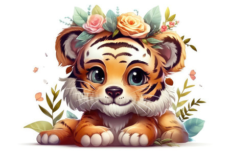 Cute tiger in a wreath of flowers. Vector illustration.の素材