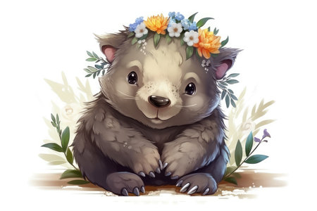 Cute cartoon bear with a wreath of flowers on his head.の素材
