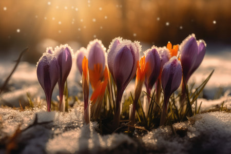 Beautiful crocus flowers in the snow. First spring flowers.の素材