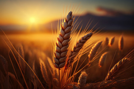 Wheat field. Ears of golden wheat close-up. Beautiful Nature Sunset Landscape.の素材