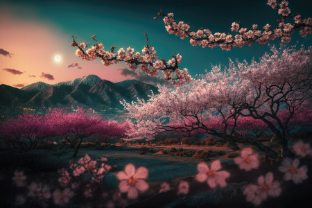 Cherry blossoms in full bloom in the mountains. 3D renderingの素材