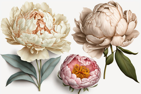 Peony flowers isolated on white background. Realistic vector illustration.の素材
