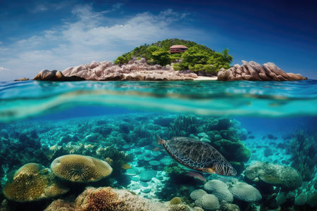 Underwater view of coral reef and sea turtle at Seychellesの素材