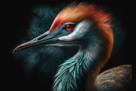 Portrait of the crane on a black background. 3d renderingの素材